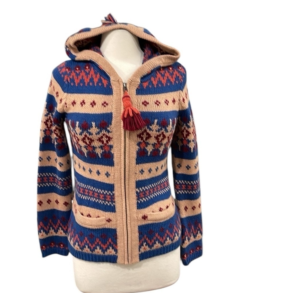 Anthropologie Sparrow Zip Front Fairisle Print Hooded Sweater SZ M Tan Blue